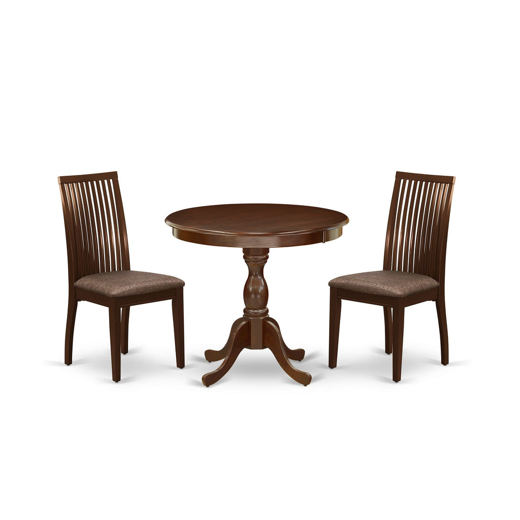 East West Furniture AMIP3-MAH-C 3 Piece Kitchen Table & Chairs Set Contains a Round Dining Room Table with Pedestal and 2 Linen Fabric Upholstered Chairs