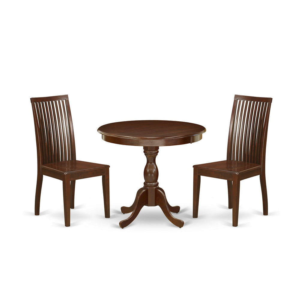 Juego de mesa de comedor de 3 piezas East West Furniture AMIP3-MAH-W para espacios pequeños. Contiene una mesa de cocina redonda con pedestal y 2 sillas de comedor de cocina.