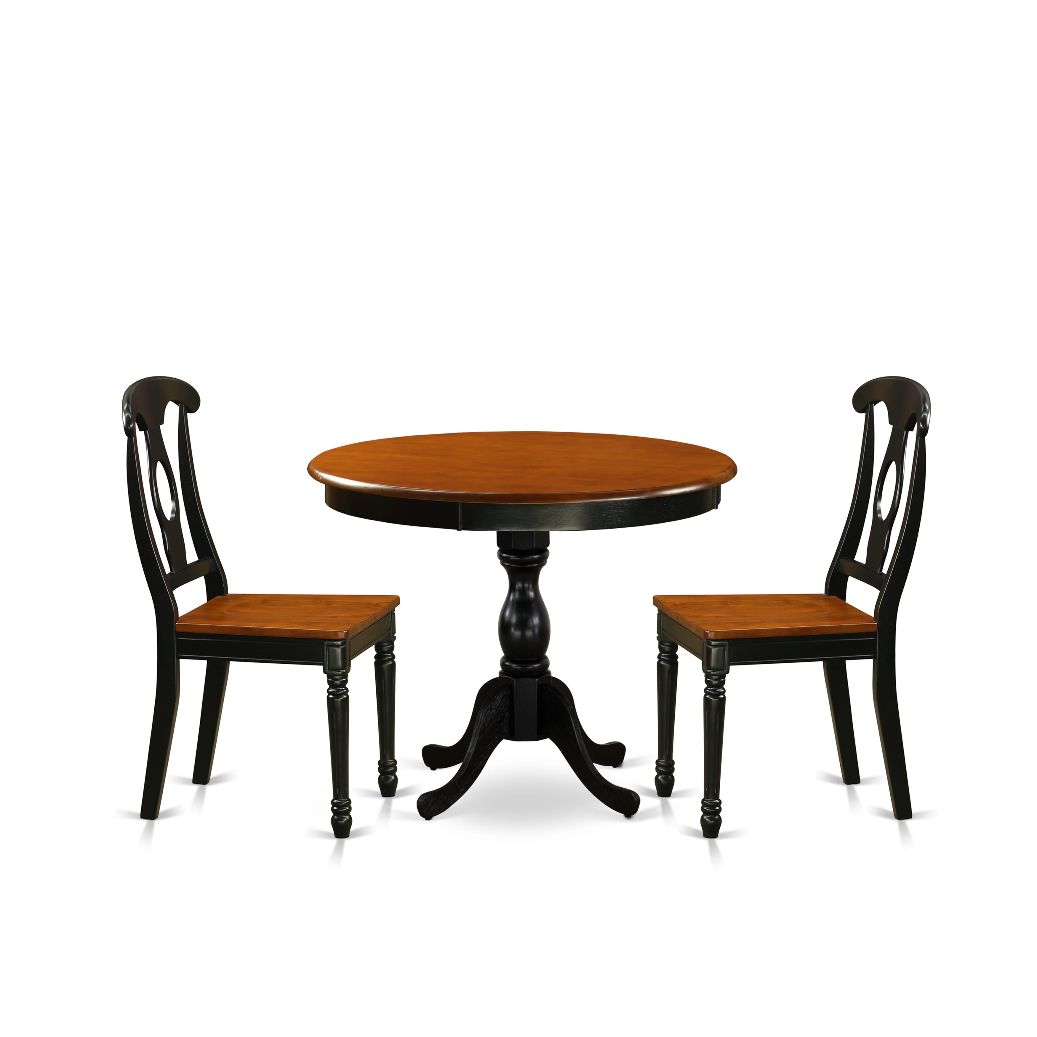 East West Furniture AMKE3-BCH-W 3-Piece Dining Table SetInclude a Dinner Table and 2 Dinning Chairs with Napoleon Back - Black Finish