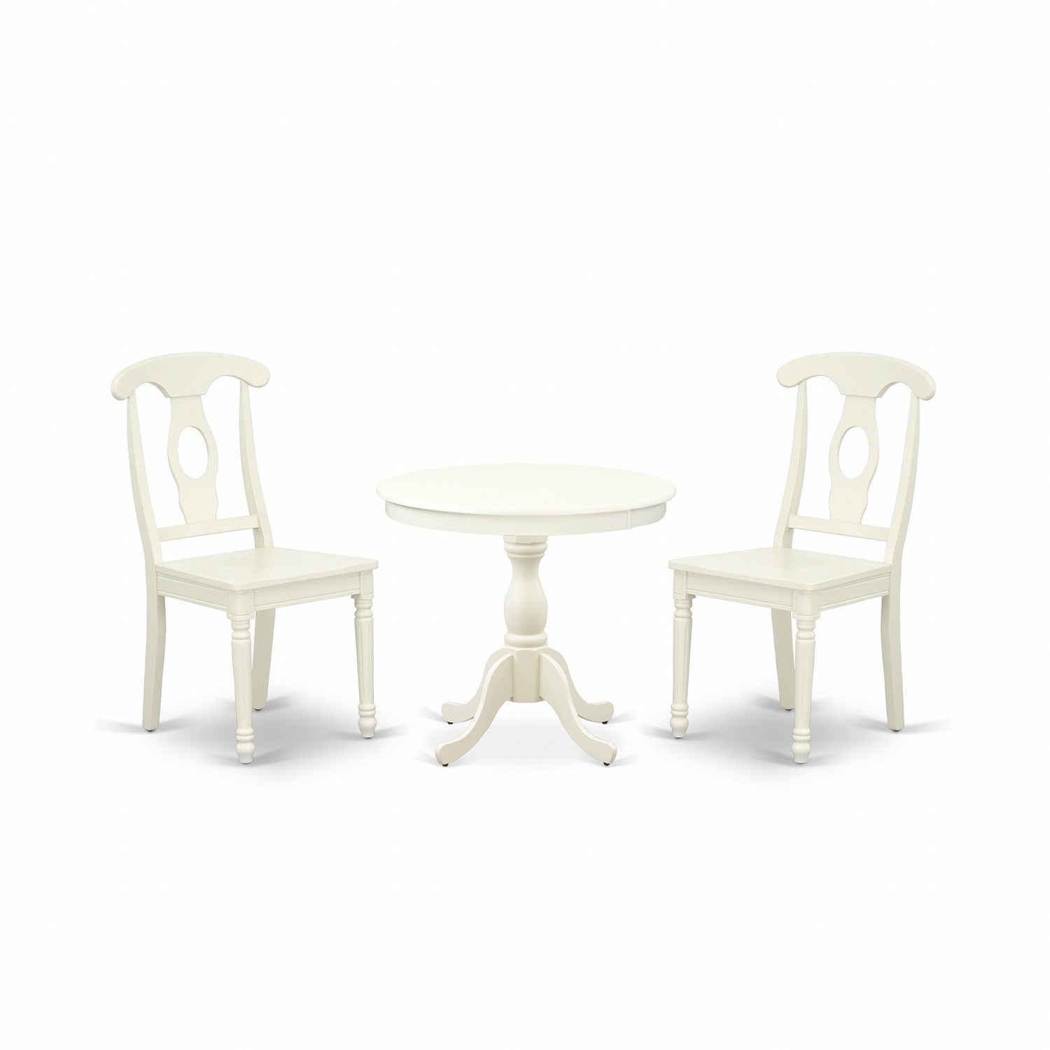 Juego de mesa de comedor de 3 piezas East West Furniture AMKE3-LWH-W para espacios pequeños. Contiene una mesa de cocina redonda con pedestal y 2 sillas de comedor de cocina.
