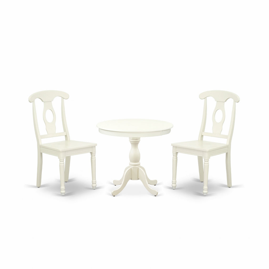 Juego de mesa de comedor de 3 piezas East West Furniture AMKE3-LWH-W para espacios pequeños. Contiene una mesa de cocina redonda con pedestal y 2 sillas de comedor de cocina.
