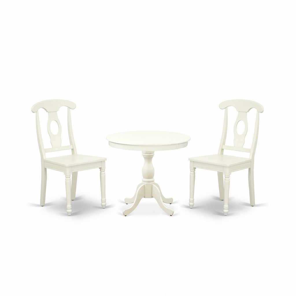 East West Furniture AMKE3-LWH-W 3 Piece Dining Table Set for Small Spaces Contains a Round Kitchen Table with Pedestal and 2 Kitchen Dining Chairs, 36x36 Inch, Linen White