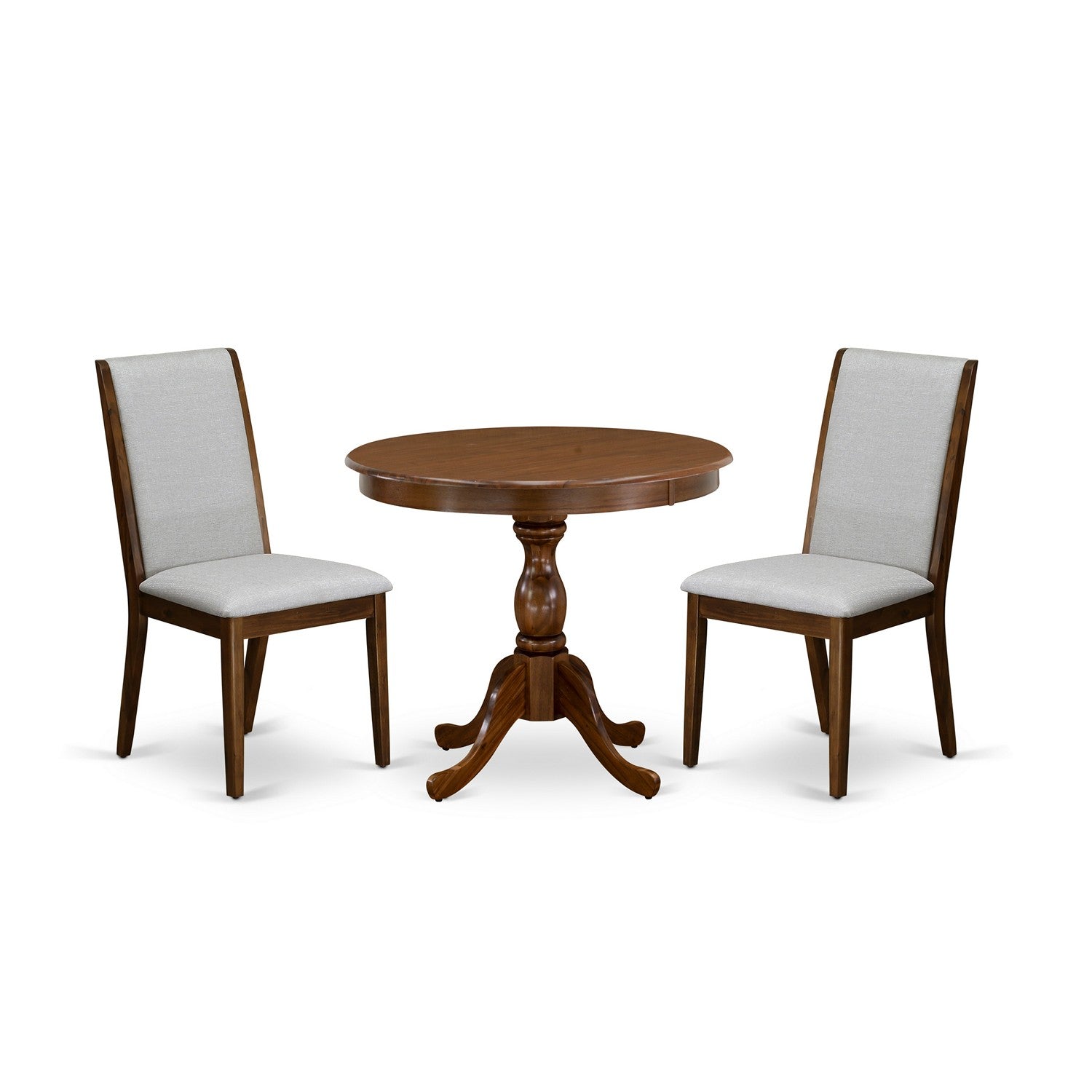 Juego de mesa y sillas de cocina de 3 piezas AMLA3-AWA-05 de East West Furniture. Incluye una mesa de comedor redonda con pedestal y dos sillas de comedor Parson de tela de lino gris.