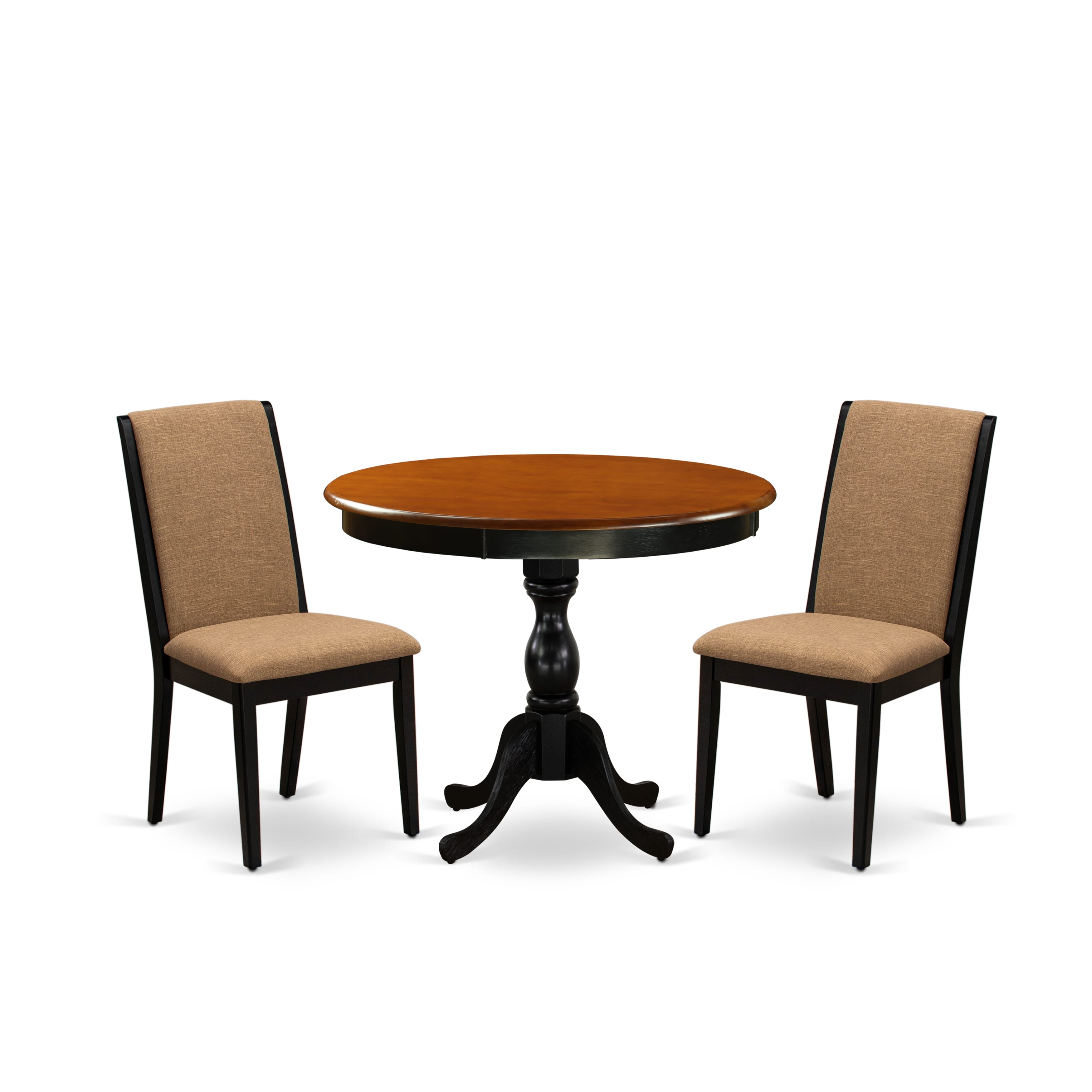 East West Furniture AMLA3-BCH-47 3-Pc Dining Room Table Set Consists of a Dining Table and 2 Light Sable Linen Fabric Parsons Chairs with High Back - Black Finish