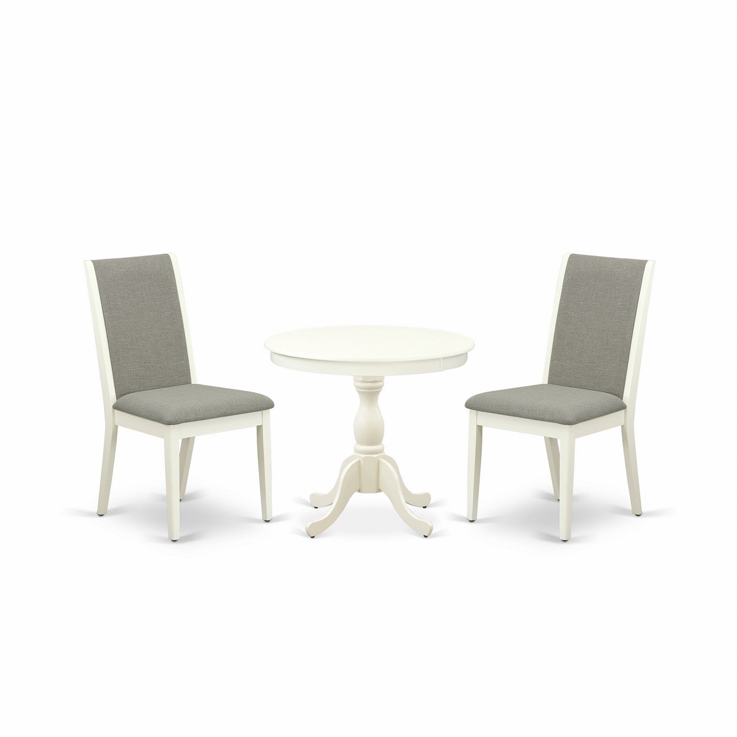 Juego de mesa y sillas de cocina de 3 piezas East West Furniture AMLA3-LWH-06. Incluye una mesa de comedor redonda con pedestal y dos sillas Parsons de tela de lino Shitake.