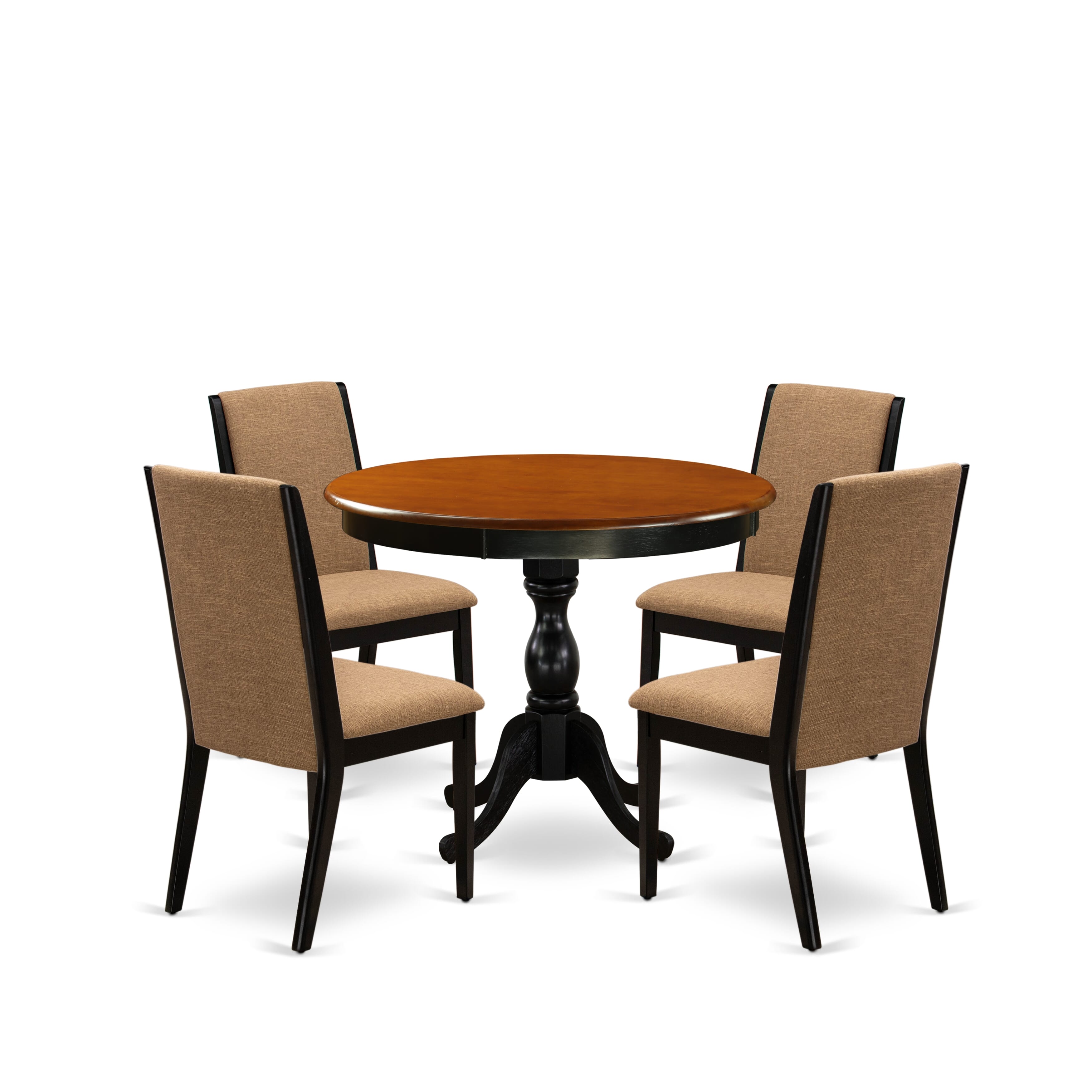 East West Furniture AMLA5-BCH-47 5-Piece Dining Room Set Contains a Round Dining Table and 4 Light Sable Linen Fabric Upholstered Dining Chairs with High Back - Black Finish
