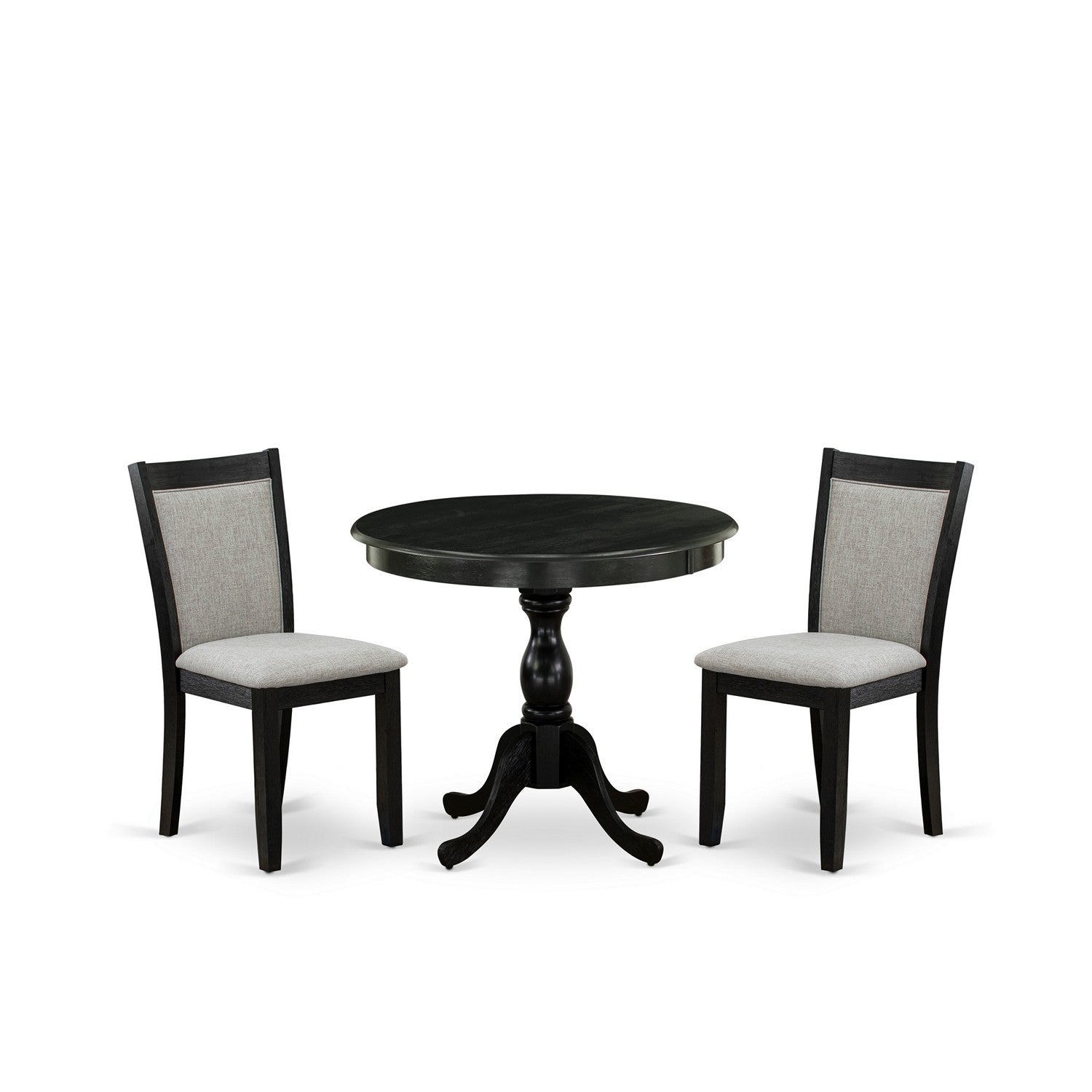 East West Furniture AMMZ3-AB6-06 3-Pc Dining Room Table Set Consists of a Wood Table and 2 Shitake Linen Fabric Parson Dining Chairs - Wire Brushed Black Finish