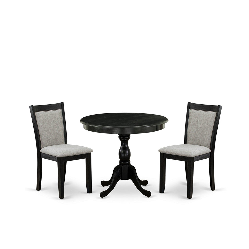 East West Furniture AMMZ3-AB6-06 3 Piece Modern Dining Table Set Contains a Round Kitchen Table with Pedestal and 2 Shitake Linen Fabric Upholstered Chairs, 36x36 Inch, Wirebrushed Black