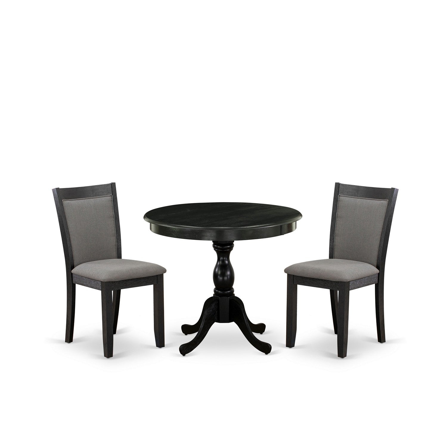 East West Furniture AMMZ3-AB6-50 3-Piece Dining Set Consists of a Round Pedestal Table with Drop Leaves and 2 Dark Gotham Grey Linen Fabric Dining Chairs - Wire Brushed Black Finish