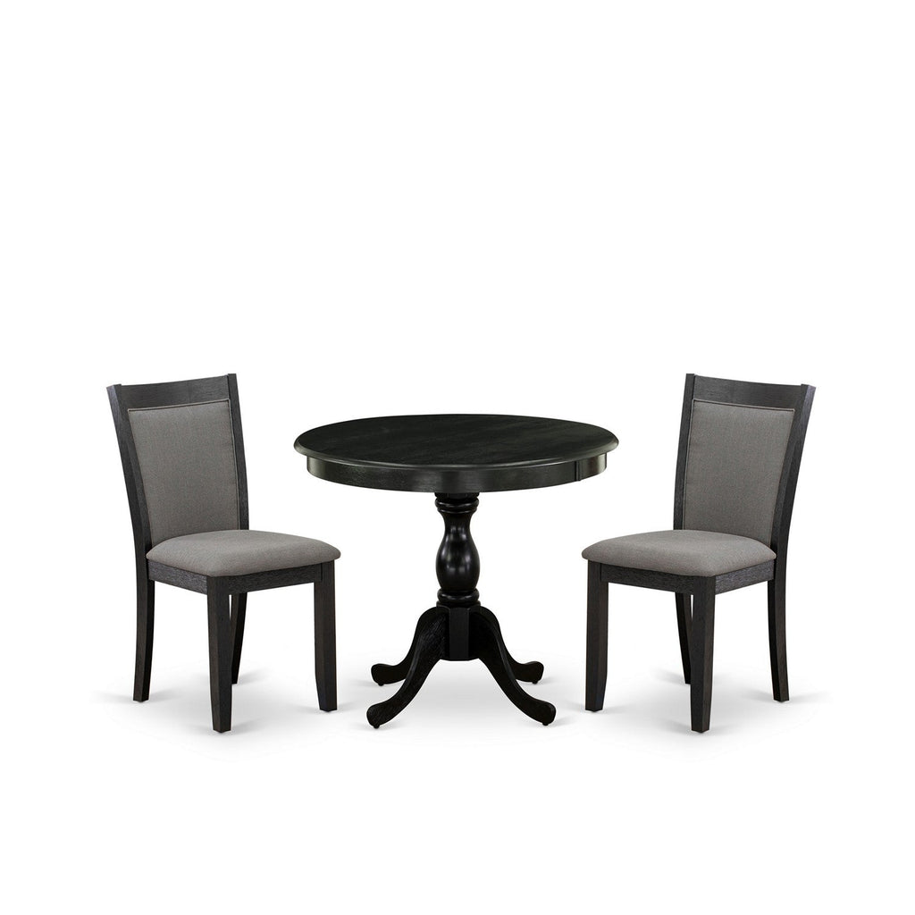 East West Furniture AMMZ3-AB6-50 3 Piece Dining Table Set Contains a Round Kitchen Table with Pedestal and 2 Dark Gotham Grey Linen Fabric Upholstered Chairs, 36x36 Inch, Wirebrushed Black