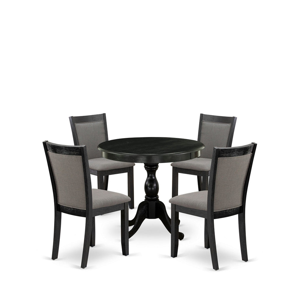 East West Furniture AMMZ5-AB6-50 5 Piece Dinette Set Includes a Round Kitchen Table with Pedestal and 4 Dark Gotham Grey Linen Fabric Upholstered Parson Chairs