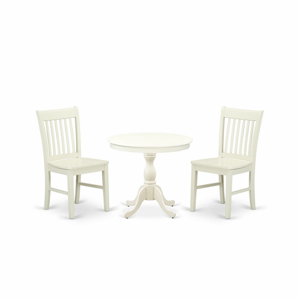 East West Furniture AMNF3-LWH-W 3 Piece Dining Table Set for Small Spaces Contains a Round Kitchen Table with Pedestal and 2 Kitchen Dining Chairs