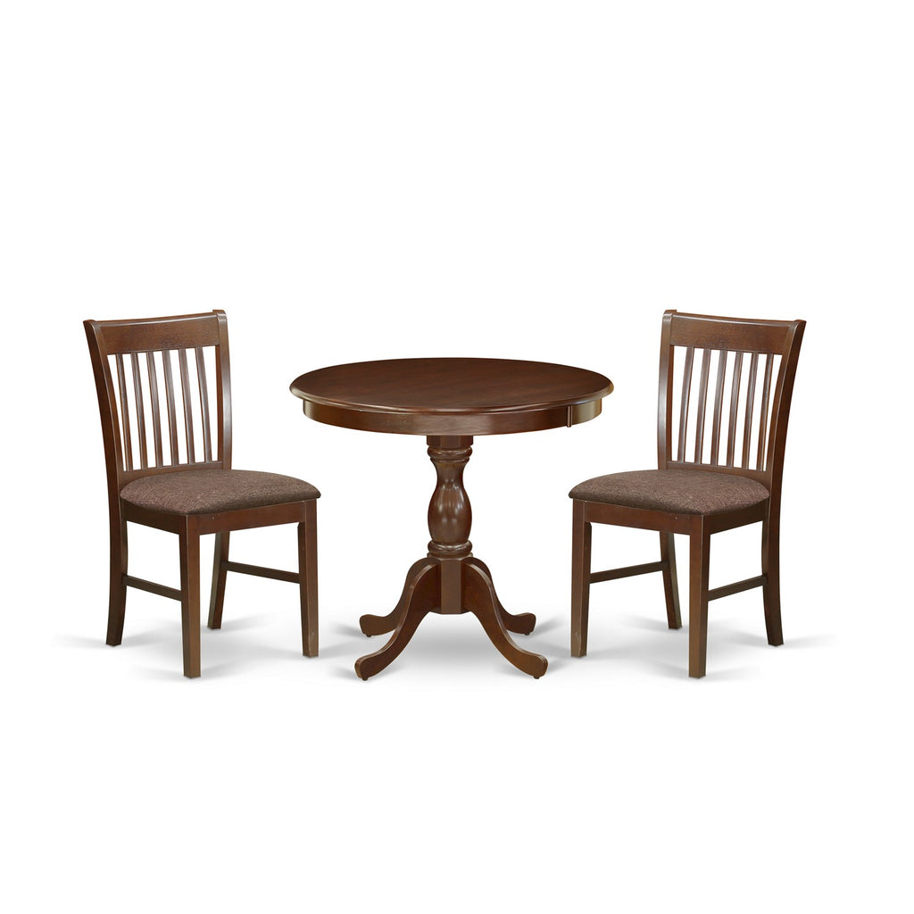 East West Furniture AMNF3-MAH-C 3 Piece Kitchen Table & Chairs Set Contains a Round Dining Room Table with Pedestal and 2 Linen Fabric Upholstered Chairs