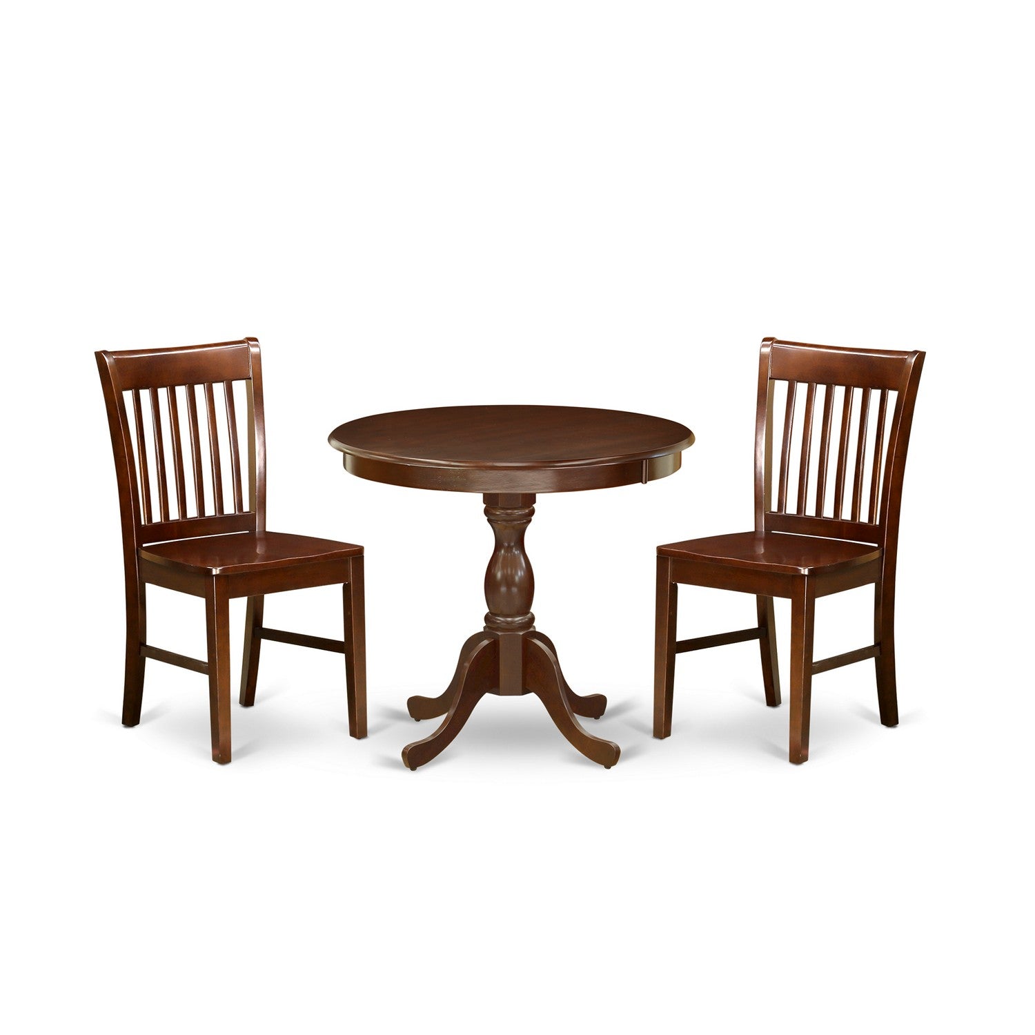 East West Furniture AMNF3-MAH-W 3 Piece Dining Room Table Set Contains 1 Wooden Table and 2 Mahogany Dining Room Chairs with Slatted Back - Mahogany Finish