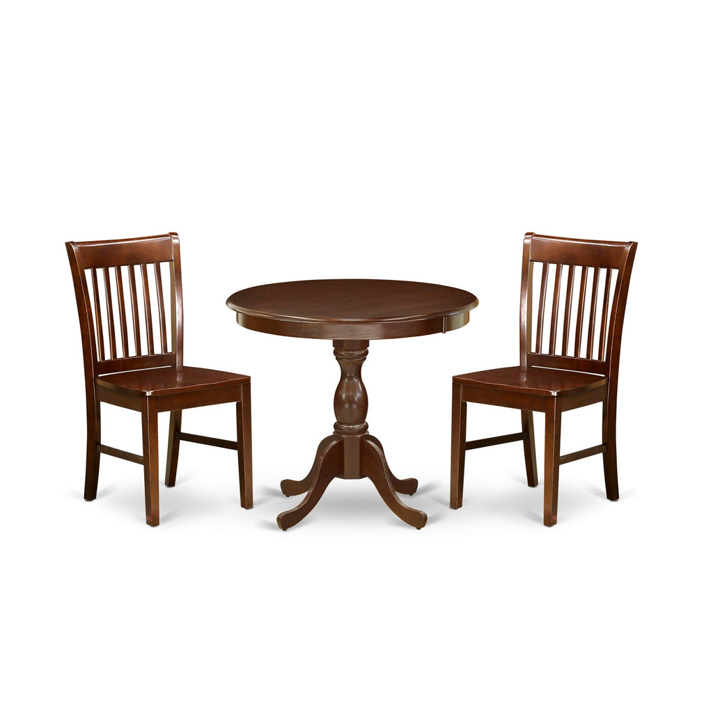 Juego de comedor de 3 piezas East West Furniture AMNF3-MAH-W para espacios pequeños. Contiene una mesa de cocina redonda con pedestal y 2 sillas de comedor.
