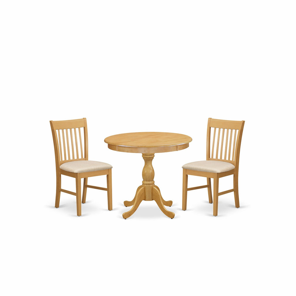 East West Furniture AMNF3-OAK-C 3 Piece Modern Dining Table Set Contains a Round Kitchen Table with Pedestal and 2 Linen Fabric Kitchen Dining Chairs, 36x36 Inch, Oak