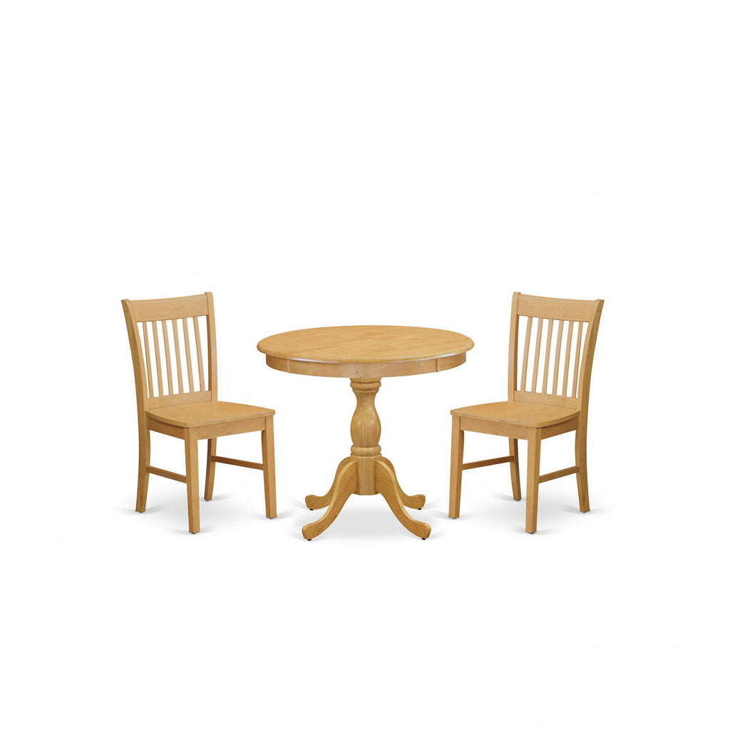 Juego de mesa de comedor de 3 piezas East West Furniture AMNF3-OAK-W para espacios pequeños. Contiene una mesa de cocina redonda con pedestal y 2 sillas de comedor de cocina.