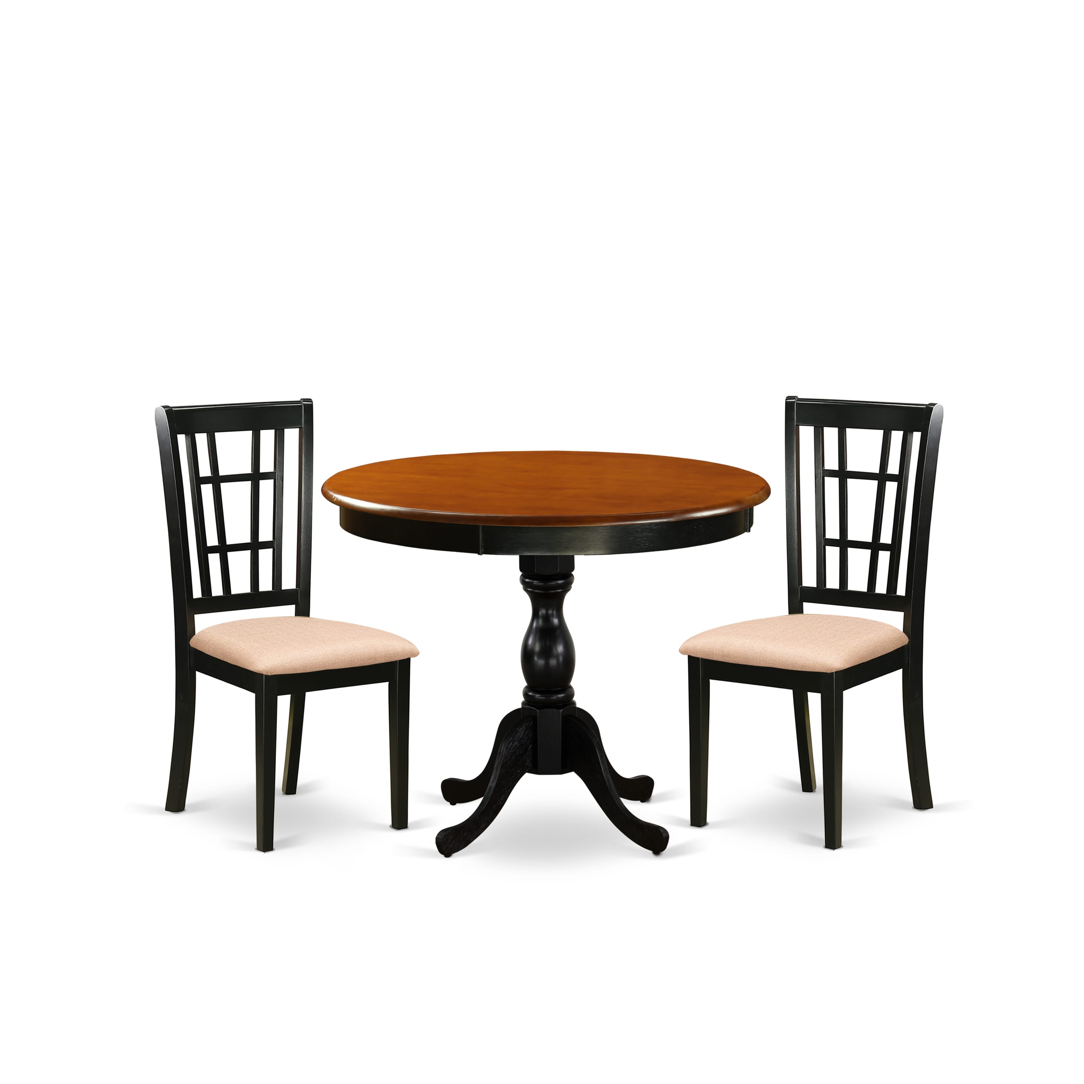 East West Furniture AMNI3-BCH-C 3-Pc Dinning Table Set Consists of a Modern Kitchen Table and 2 Linen Fabric Mid Century Chairs with Slatted Back - Black Finish