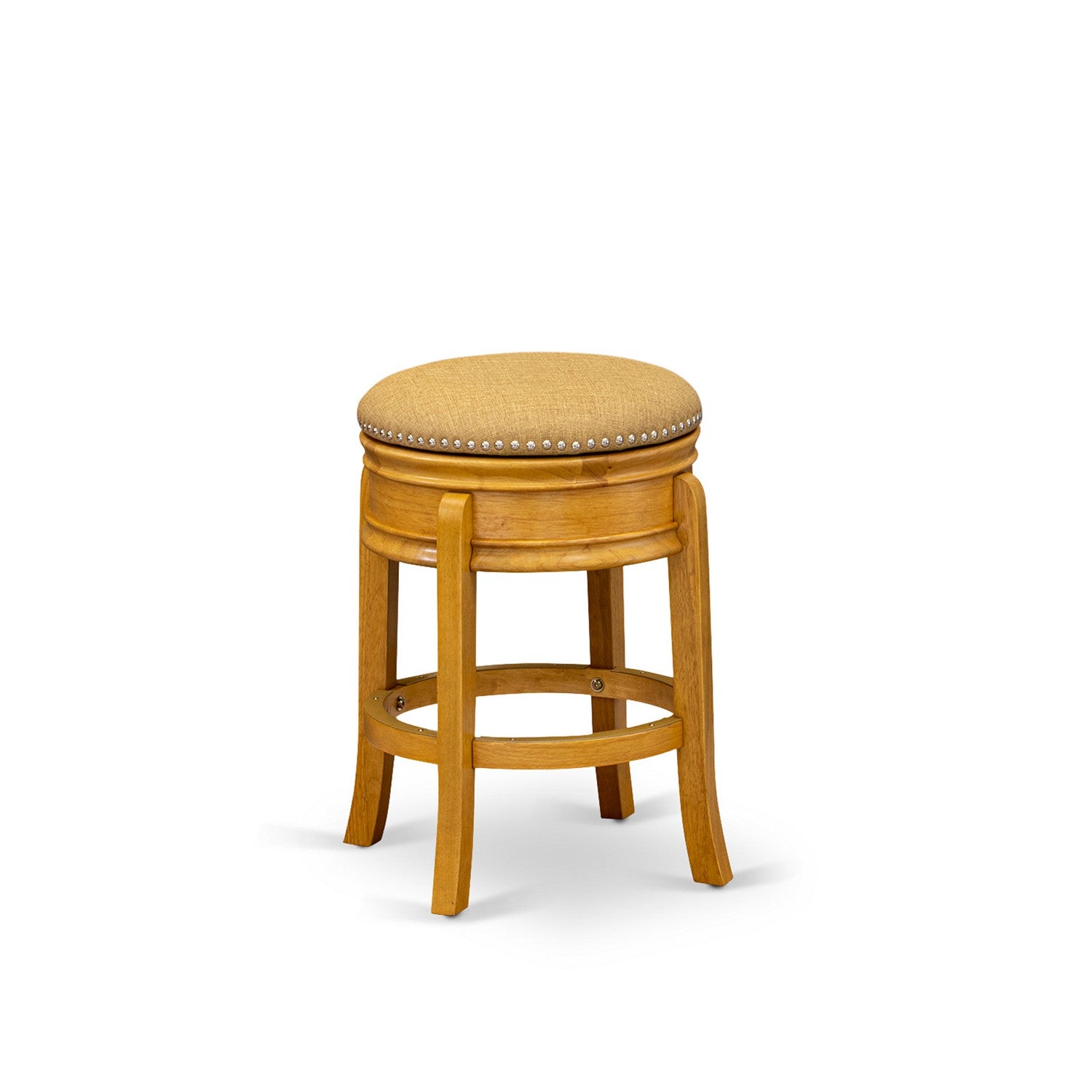 East West Furniture AMS024-416 Wonderful Wood Bar Stool- Stool Counter Height with Round Shape - Vegas Gold PU leather Seat and 4 Hardwood Curved Legs - Round Wooden Stool in Oak End