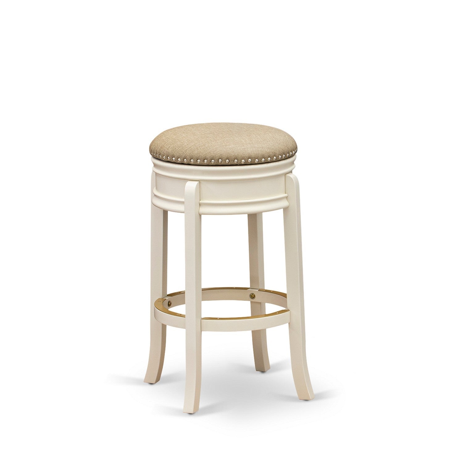 East West Furniture AMS030-202 Amazing Kitchen Bar Stool- Backless Counter Height Stool with Round Shape - Sandalwood PU leather Seat and 4 Solid Wood Curved Legs - Kitchen Stool in Linen White Finish