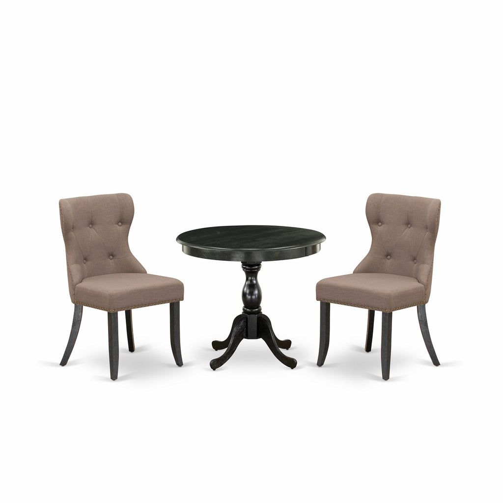 East West Furniture AMSI3-ABK-48 3 Piece Modern Dining Table Set Contains a Round Kitchen Table with Pedestal and 2 Coffee Linen Fabric Parsons Dining Chairs