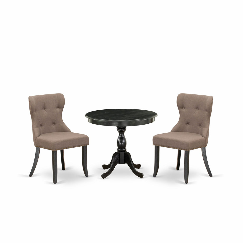 East West Furniture AMSI3-ABK-48 3 Piece Modern Dining Table Set Contains a Round Kitchen Table with Pedestal and 2 Coffee Linen Fabric Parsons Dining Chairs, 36x36 Inch, Wirebrushed Black