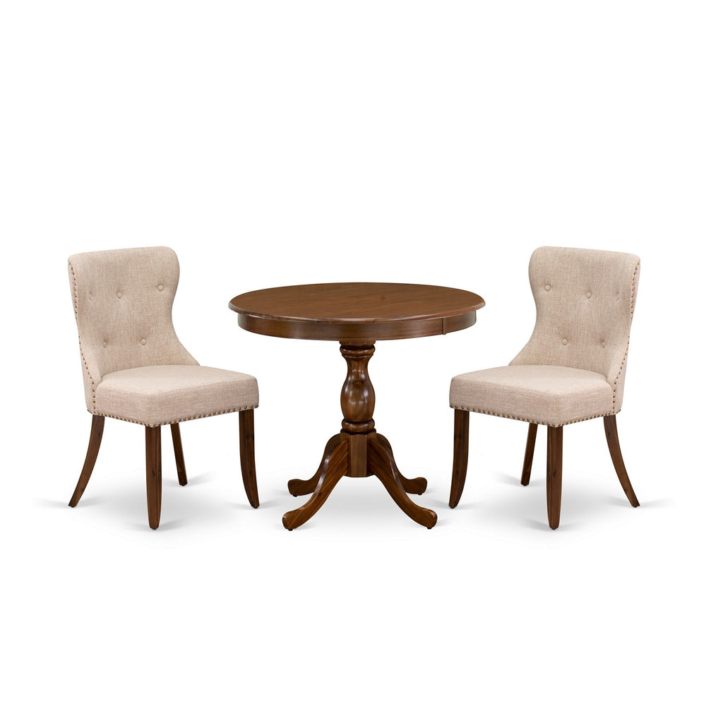 East West Furniture AMSI3-AWA-04 3 Piece Dining Table Set for Small Spaces Contains a Round Kitchen Table with Pedestal and 2 Light Tan Linen Fabric Parson Chairs