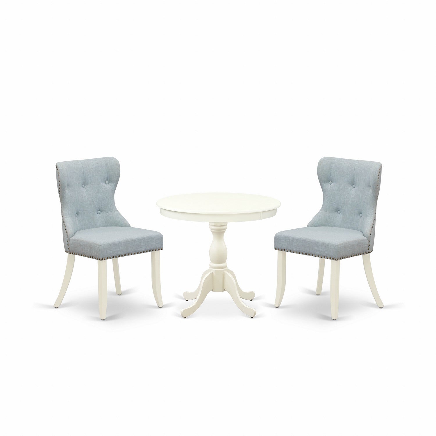 East West Furniture AMSI3-LWH-15 3 Piece Dining Table Set Consists of 1 Pedestal Table and 2 Baby Blue Linen Fabric Dining Chairs Button Tufted Back with Nail Heads - linen white Finish
