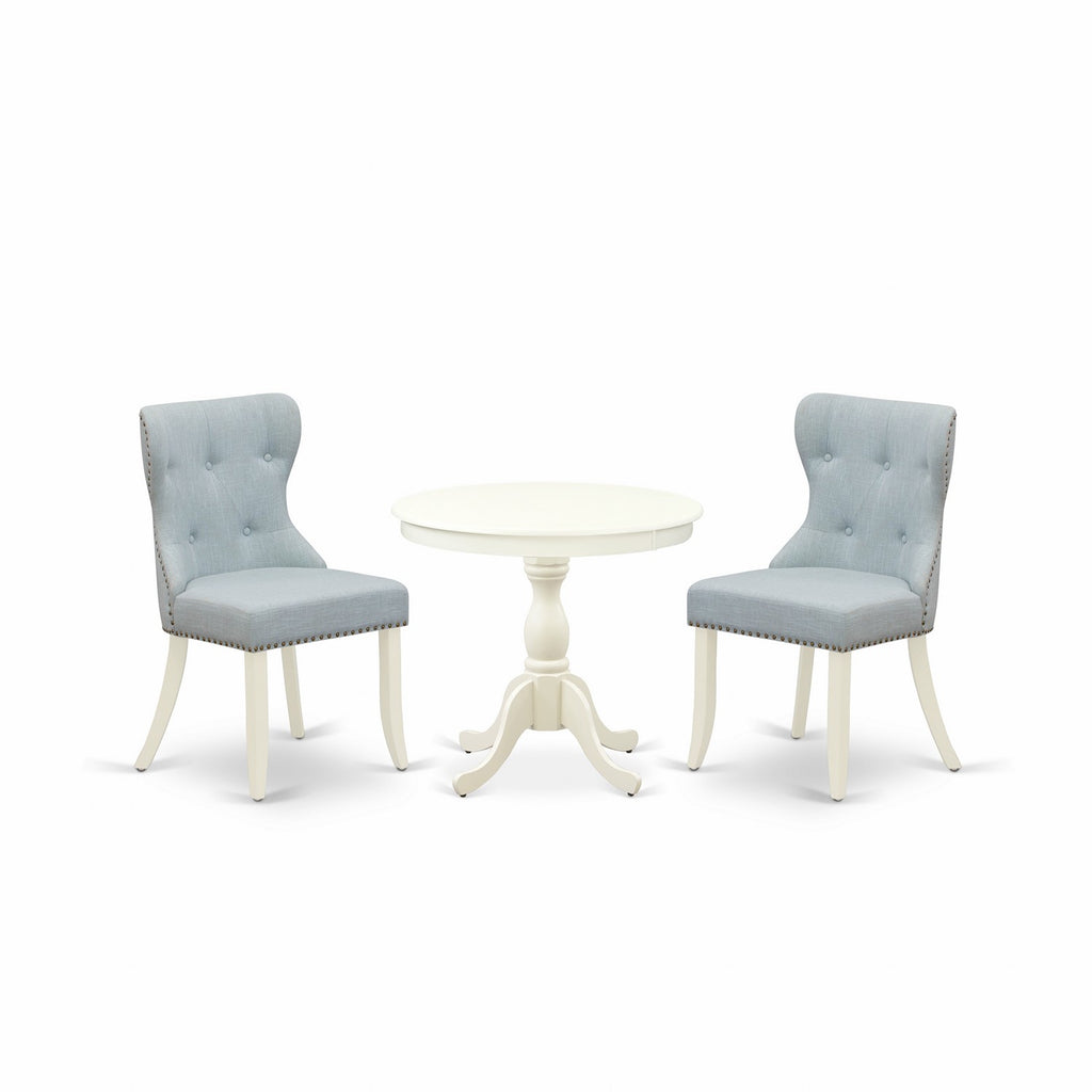 Juego de mesa de comedor de 3 piezas East West Furniture AMSI3-LWH-15 para espacios pequeños. Incluye una mesa de cocina redonda con pedestal y dos sillas Parsons de tela de lino azul bebé.