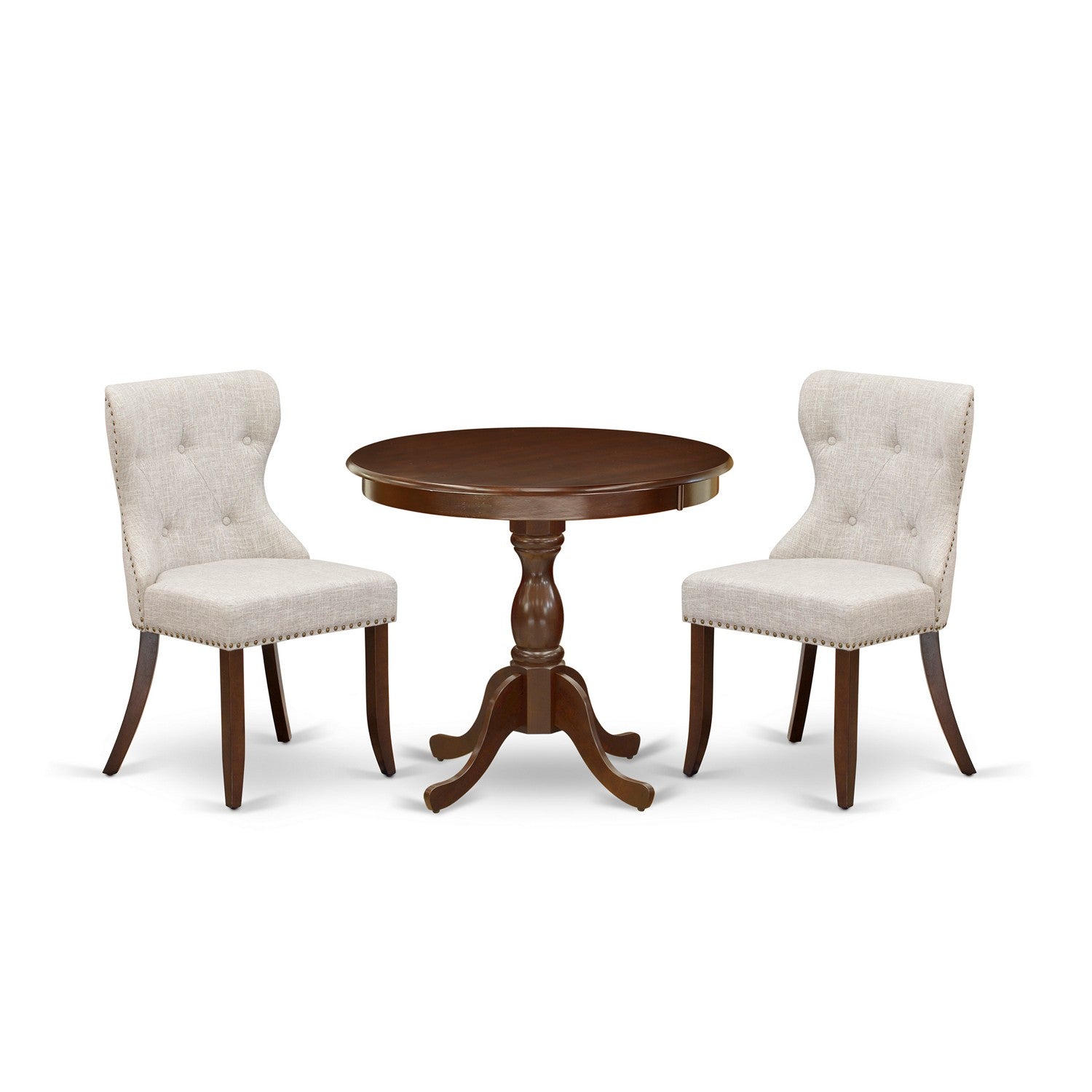 Juego de mesa de comedor de 3 piezas East West Furniture AMSI3-MAH-35. Incluye una mesa de cocina redonda con pedestal y dos sillas de comedor Parson de tela de lino y piel de venado.