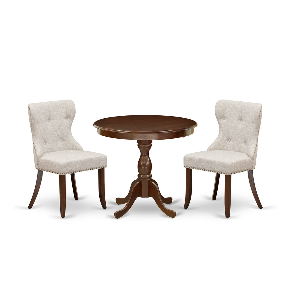 East West Furniture AMSI3-MAH-35 3 Piece Dining Room Table Set  Contains a Round Kitchen Table with Pedestal and 2 Doeskin Linen Fabric Parson Dining Chairs