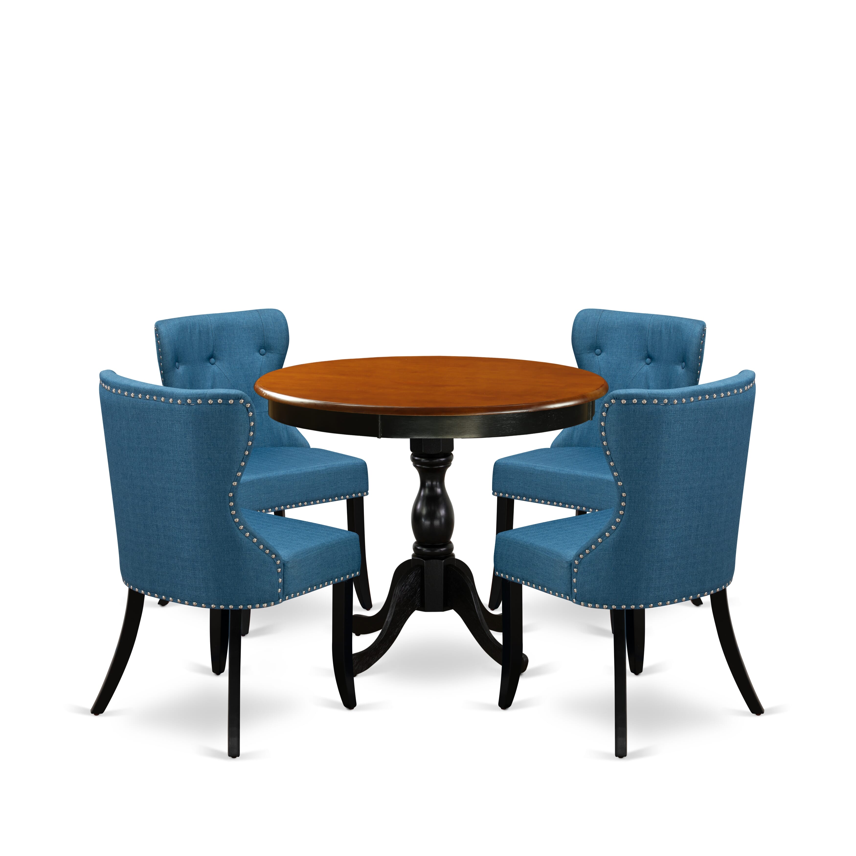 East West Furniture AMSI5-BCH-21 5-Piece Dining Table Set Contains a Mid Century Dining Table and 4 Blue Linen Fabric Midcentury Modern Dining Chairs with Button Tufted Back - Black Finish