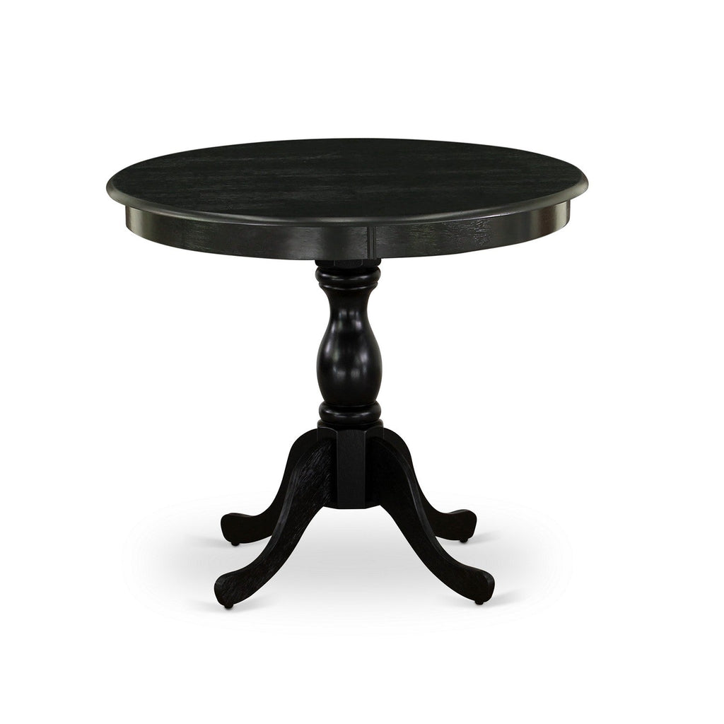 East West Furniture AMMZ5-AB6-06 5 Piece Dinette Set for 4 Includes a Round Kitchen Table with Pedestal and 4 Shitake Linen Fabric Upholstered Parson Chairs, 36x36 Inch, Wirebrushed Black