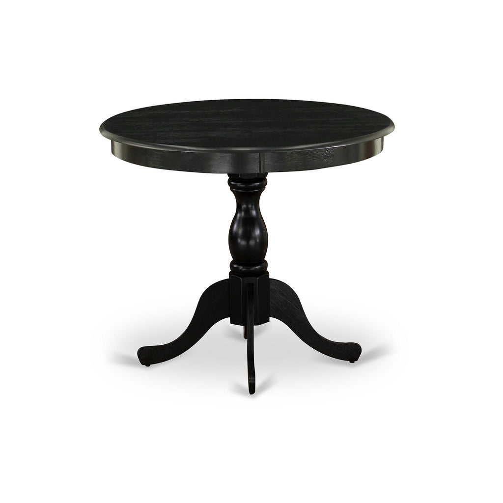 East West Furniture AMEL3-ABK-35 3 Piece Kitchen Table & Chairs Set Contains a Round Dining Room Table with Pedestal and 2 Doeskin Linen Fabric Upholstered Chairs