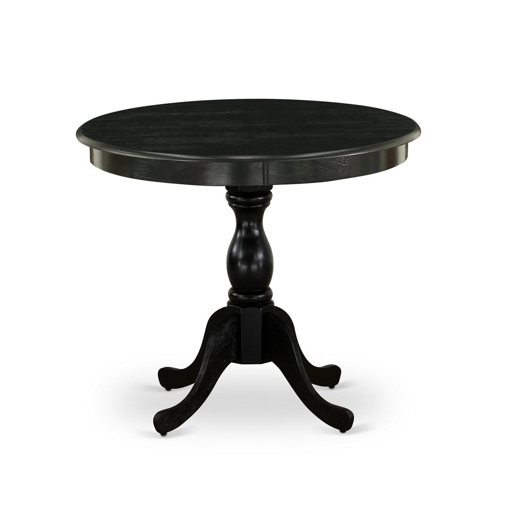 East West Furniture AMT-ABK-TP Antique Dining Table - a Round Wooden Table Top with Pedestal Base, 36x36 Inch, Wirebrushed Black