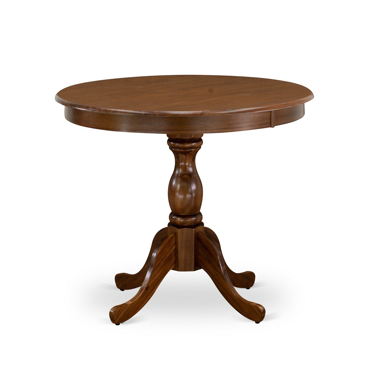 Juego de mesa y sillas de cocina de 3 piezas AMLA3-AWA-05 de East West Furniture. Incluye una mesa de comedor redonda con pedestal y dos sillas de comedor Parson de tela de lino gris.