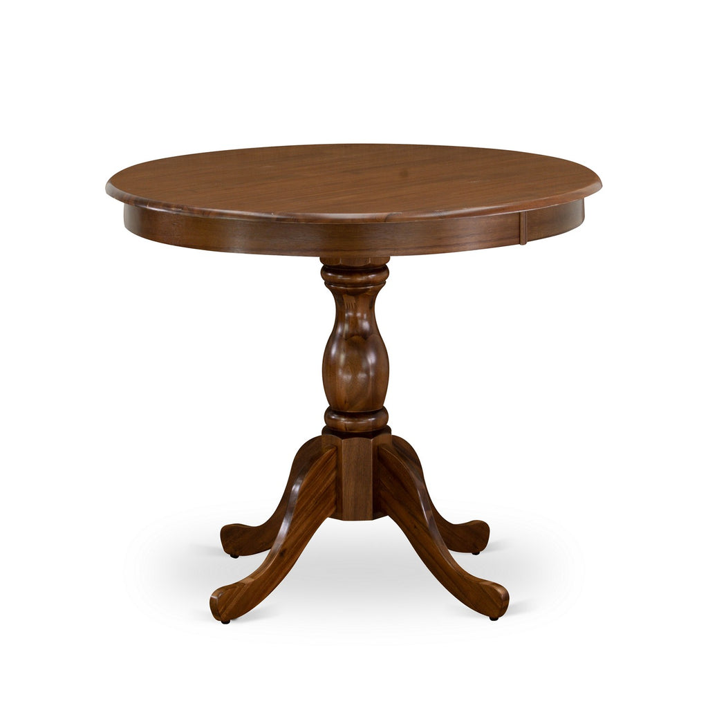 East West Furniture AMEL3-AWA-05 3 Piece Dining Room Furniture Set Contains a Round Kitchen Table with Pedestal and 2 Grey Linen Fabric Parsons Dining Chairs