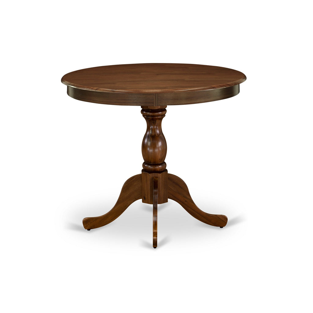 East West Furniture AMEL3-AWA-05 3 Piece Dining Room Furniture Set Contains a Round Kitchen Table with Pedestal and 2 Grey Linen Fabric Parsons Dining Chairs