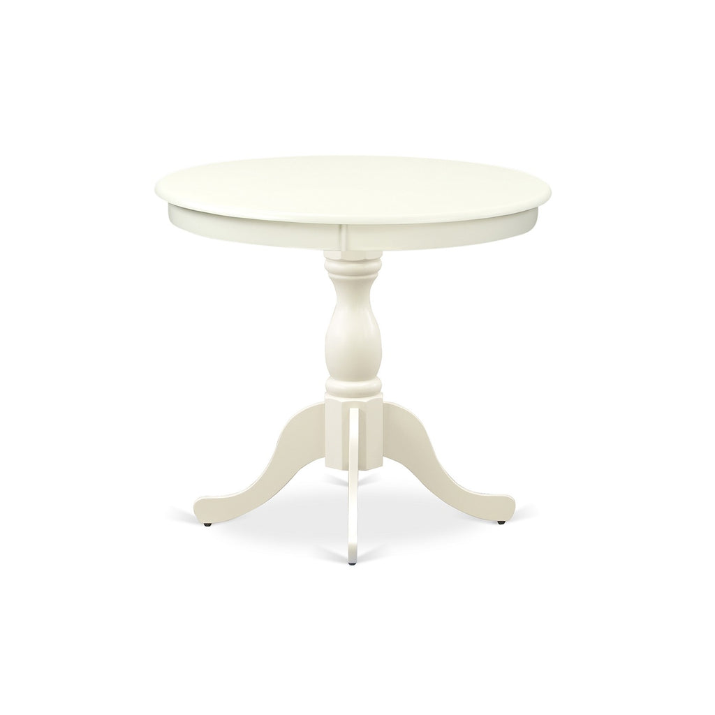 East West Furniture AMBA3-LWH-01 3 Piece Modern Dining Table Set Contains a Round Kitchen Table with Pedestal and 2 Cream Linen Fabric Upholstered Parson Chairs