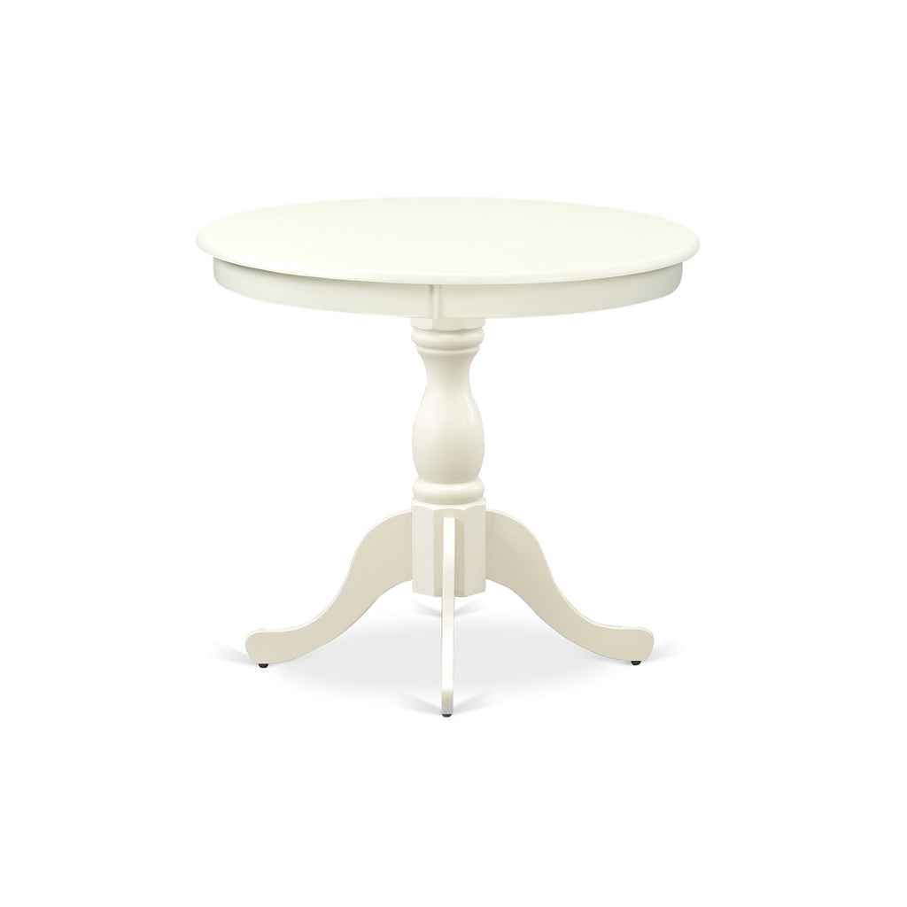 East West Furniture AMLA3-LWH-06 3 Piece Kitchen Table & Chairs Set Contains a Round Dining Room Table with Pedestal and 2 Shitake Linen Fabric Parsons Chairs, 36x36 Inch, Linen White