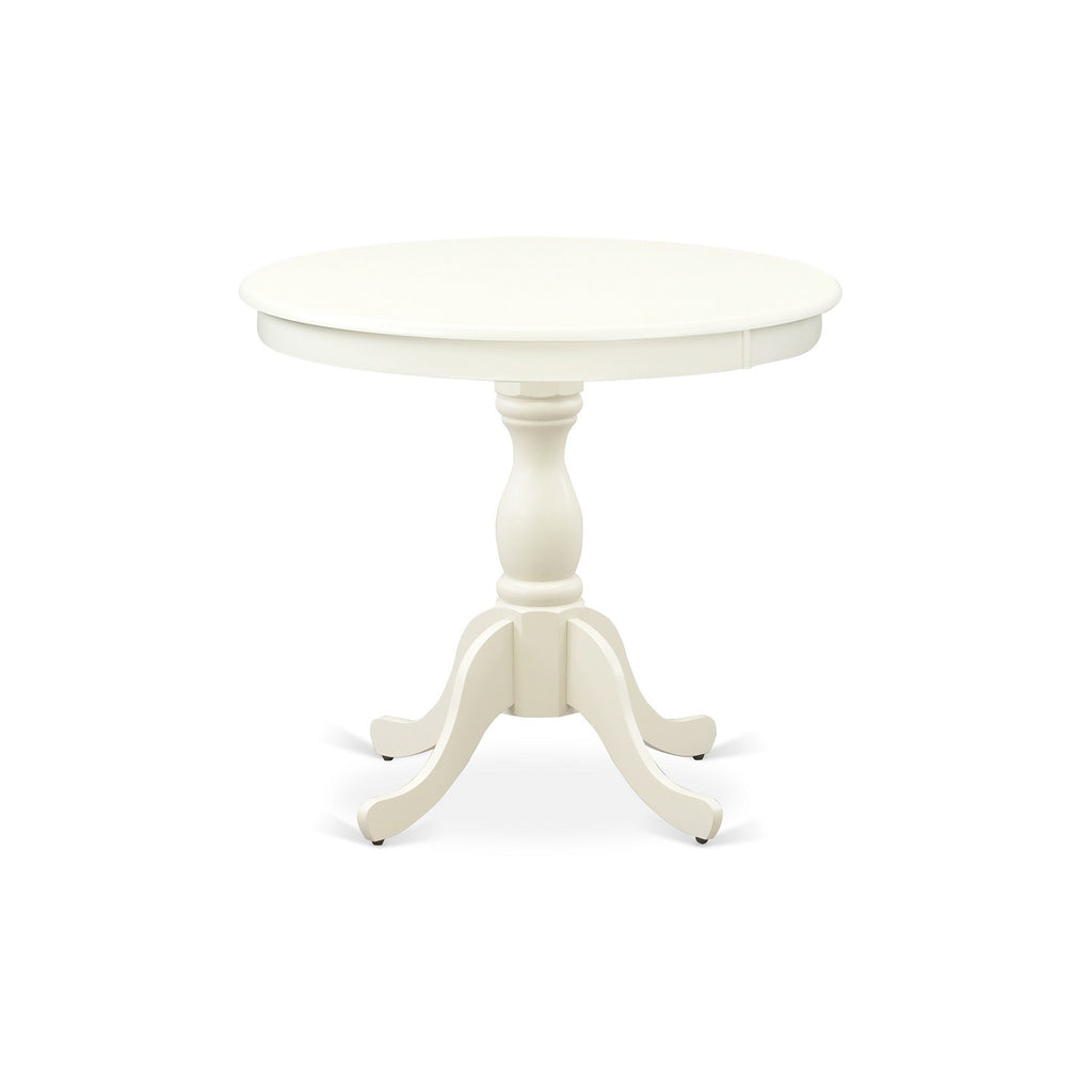 East West Furniture AMVA5-LWH-W 5 Piece Kitchen Table & Chairs Set Includes a Round Dining Room Table with Pedestal and 4 Dining Chairs, 36x36 Inch, Linen White