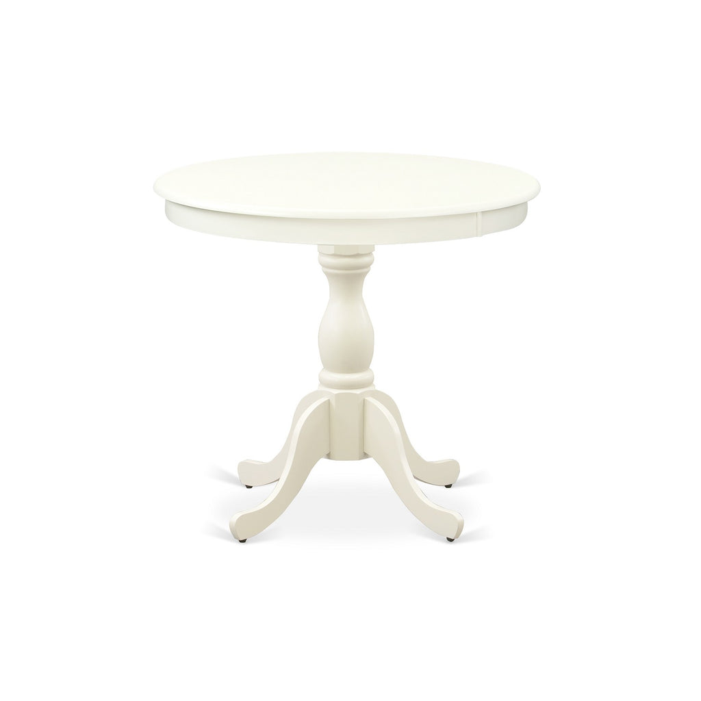 East West Furniture AMBA3-LWH-01 3 Piece Modern Dining Table Set Contains a Round Kitchen Table with Pedestal and 2 Cream Linen Fabric Upholstered Parson Chairs