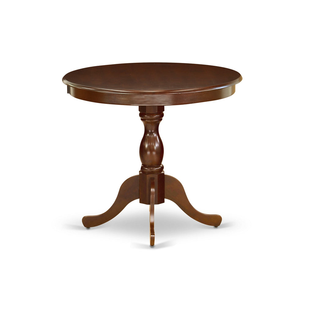 East West Furniture AMAB3-MAH-18 3 Piece Kitchen Table Set for Small Spaces Contains a Round Dining Table with Pedestal and 2 Coffee Linen Fabric Upholstered Chairs