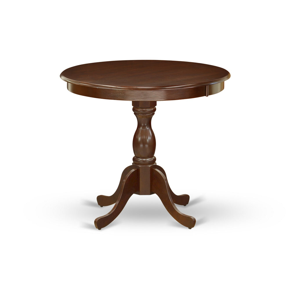 East West Furniture AMEN3-MAH-18 3 Piece Modern Dining Table Set Contains a Round Kitchen Table with Pedestal and 2 Dark Coffee Linen Fabric Upholstered Chairs