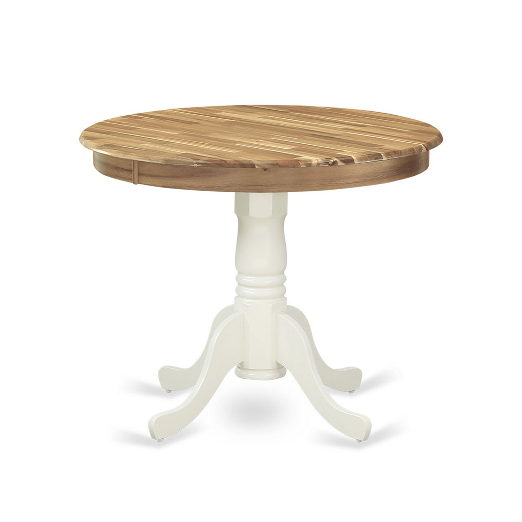 Mesa de comedor antigua East West Furniture AMT-NLW-TP: tablero redondo de madera con base de pedestal