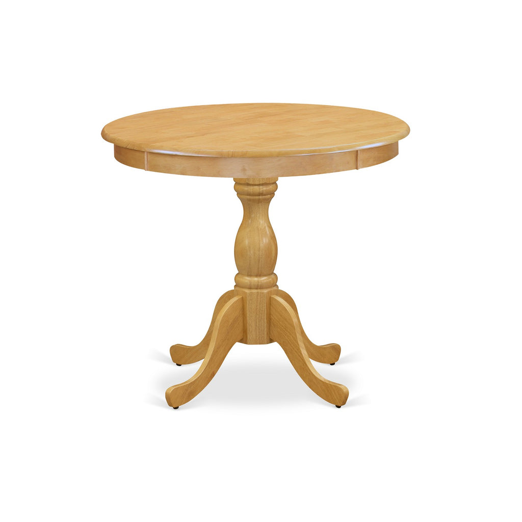 East West Furniture AMPO3-OAK-W 3 Piece Dining Room Furniture Set Contains a Round Dining Table with Pedestal and 2 Wood Seat Chairs, 36x36 Inch, Oak