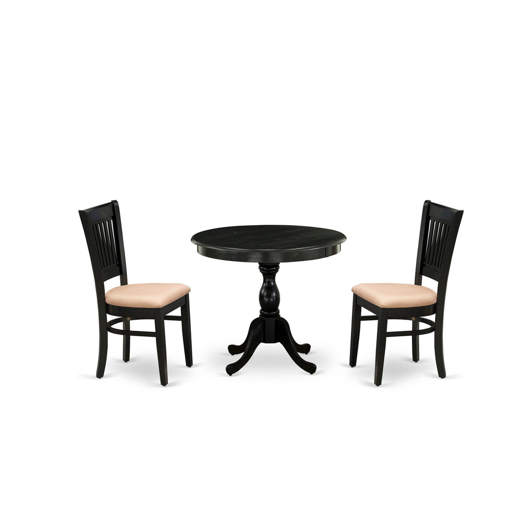 East West Furniture AMVA3-BLK-C 3 Piece Dining Room Furniture Set Contains a Round Dining Table with Pedestal and 2 Linen Fabric Upholstered Chairs, 36x36 Inch, Black