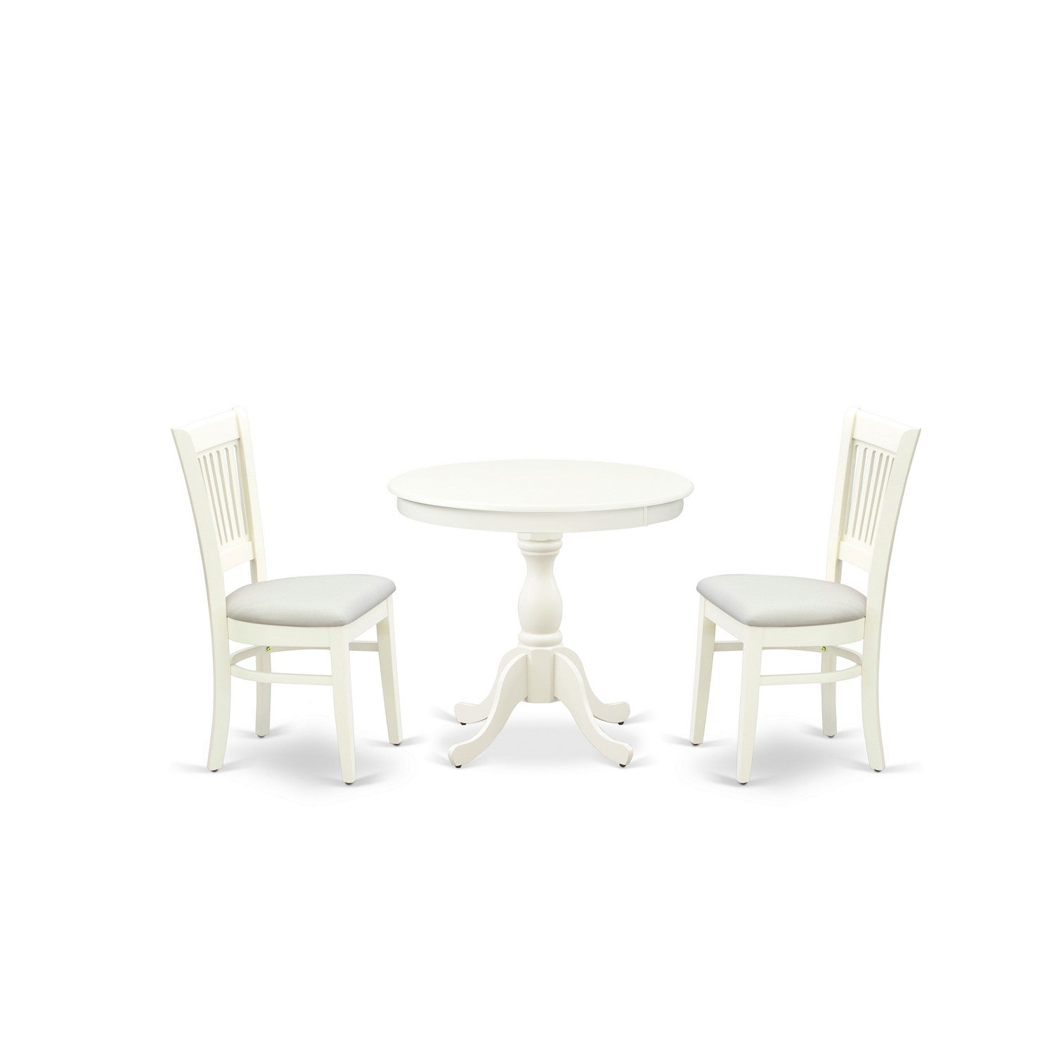 Juego de comedor de 3 piezas East West Furniture AMVA3-LWH-C. Incluye una mesa de cocina redonda con pedestal y 2 sillas de comedor de tela de lino.