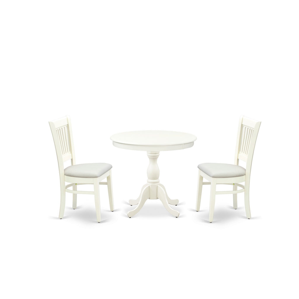 East West Furniture AMVA3-LWH-C 3 Piece Dining Set Contains a Round Kitchen Table with Pedestal and 2 Linen Fabric Dining Room Chairs