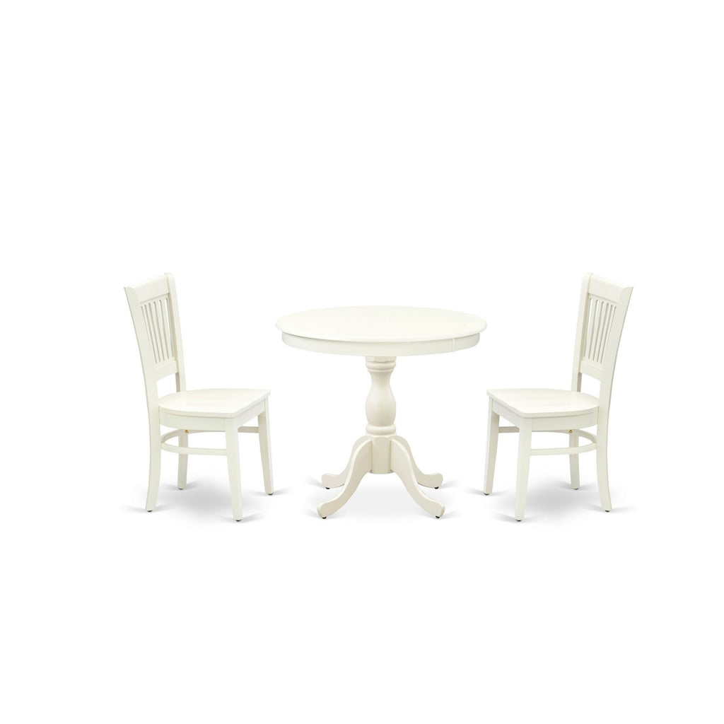 Juego de mesa de cocina de 3 piezas East West Furniture AMVA3-LWH-W para espacios pequeños. Contiene una mesa de comedor redonda con pedestal y 2 sillas de comedor.